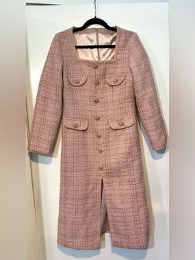 NWT Rêve Rêve Pink Tweed Square Neck Midi Dress Pearl Buttons Size 8
